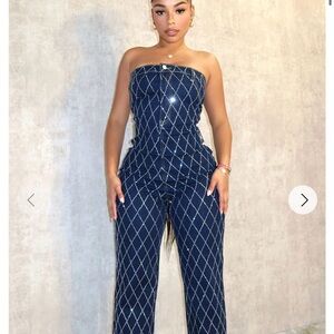 Chic Strapless Navy Jumpsuit with Geometric Pattern